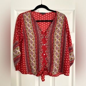West Kei, red patterned blouse, size S